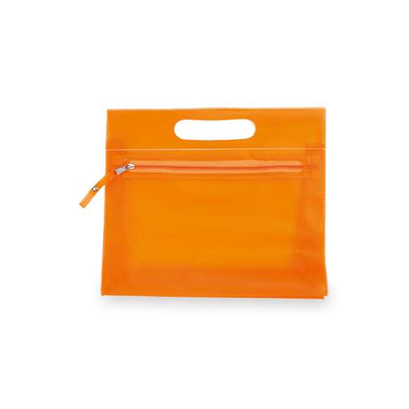 Neceser multiusos en resistente PVC translúcido de variada gama en vivos colores. Con resistente asa troquelada y cierre de cremallera a juego, con cinta en tirador para fácil apertura.