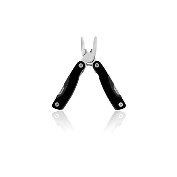 Multiherramienta con resistente cuerpo en acero inox de 12 funciones. Incluye cuchillo plano, cuchillo de sierra, destornilladores, lima, abridor y alicates. Disponible en variada gama de colores y presentada en resistente funda de poliéster y en caja individual.