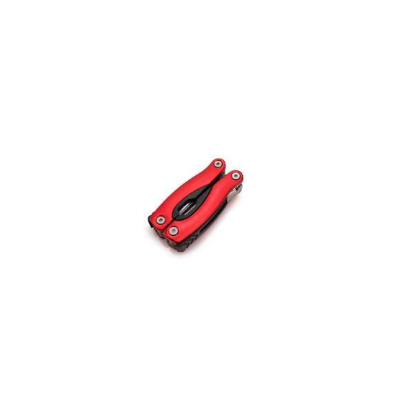 Multiherramienta con resistente cuerpo en acero inox de 12 funciones. Incluye cuchillo plano, cuchillo de sierra, destornilladores, lima, abridor y alicates. Disponible en variada gama de colores y presentada en resistente funda de poliéster y en caja individual.