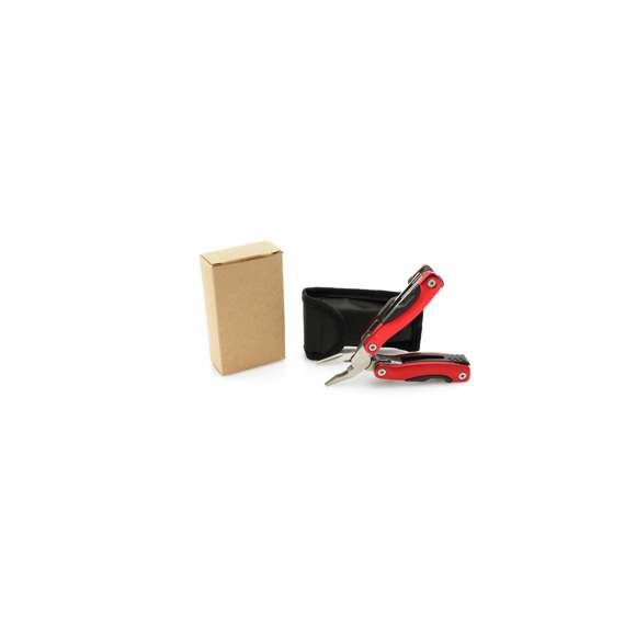 Multiherramienta con resistente cuerpo en acero inox de 12 funciones. Incluye cuchillo plano, cuchillo de sierra, destornilladores, lima, abridor y alicates. Disponible en variada gama de colores y presentada en resistente funda de poliéster y en caja individual.