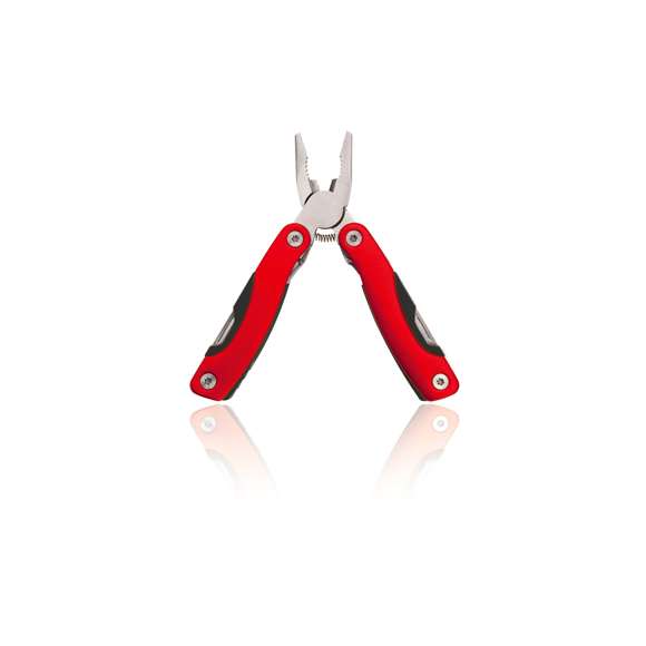 Multiherramienta con resistente cuerpo en acero inox de 12 funciones. Incluye cuchillo plano, cuchillo de sierra, destornilladores, lima, abridor y alicates. Disponible en variada gama de colores y presentada en resistente funda de poliéster y en caja individual.