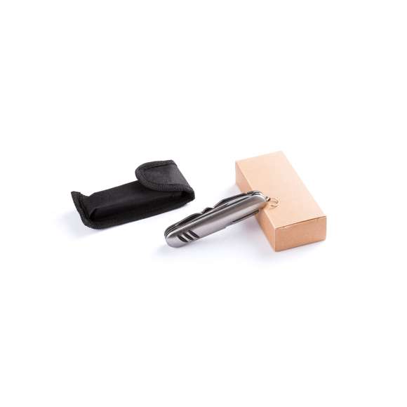Navaja multiusos de acero inox de 10 funciones con empuñadura antideslizante. Incluye navaja, abridores, destornillador, lima, tijeras y anilla para llavero. Presentada en caja individual.