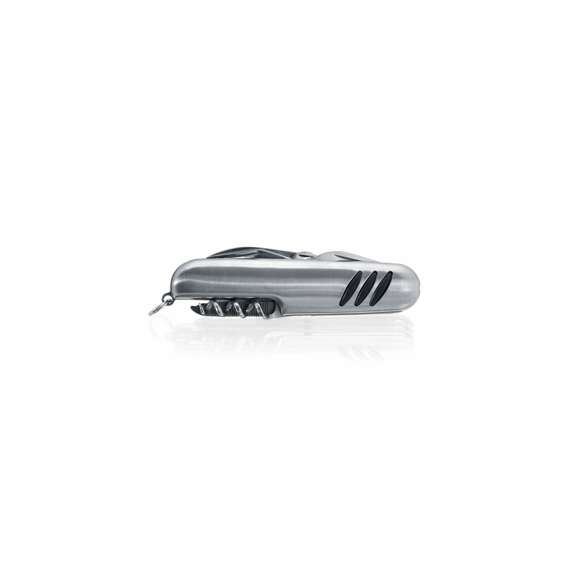 Navaja multiusos de acero inox de 10 funciones con empuñadura antideslizante. Incluye navaja, abridores, destornillador, lima, tijeras y anilla para llavero. Presentada en caja individual.