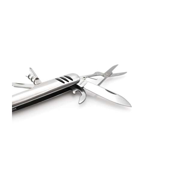Navaja multiusos de acero inox de 10 funciones con empuñadura antideslizante. Incluye navaja, abridores, destornillador, lima, tijeras y anilla para llavero. Presentada en caja individual.
