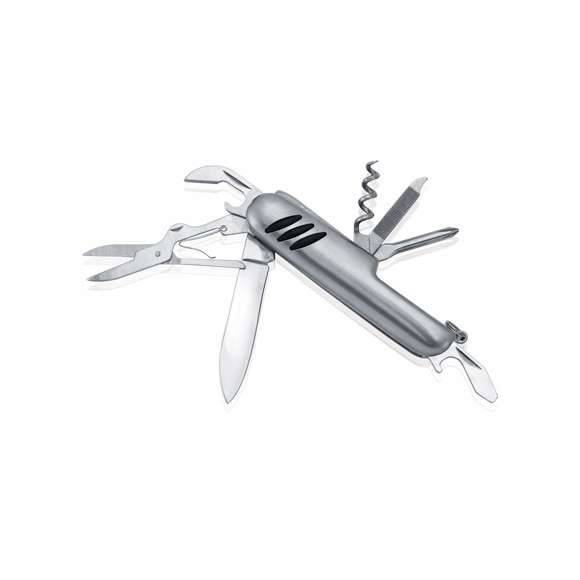 Navaja multiusos de acero inox de 10 funciones con empuñadura antideslizante. Incluye navaja, abridores, destornillador, lima, tijeras y anilla para llavero. Presentada en caja individual.