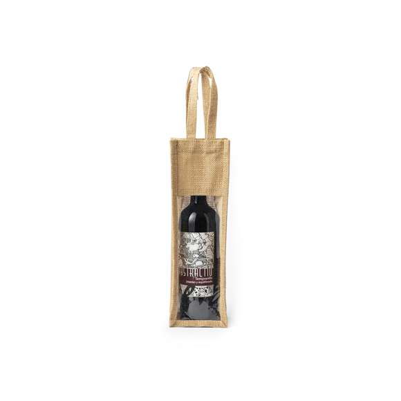 Resistente bolsa de yute laminado para botella de vino de 75cl. Con ventana transparente, ribetes y asas reforzadas.