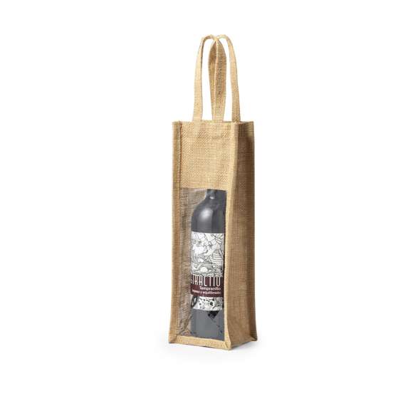 Resistente bolsa de yute laminado para botella de vino de 75cl. Con ventana transparente, ribetes y asas reforzadas.