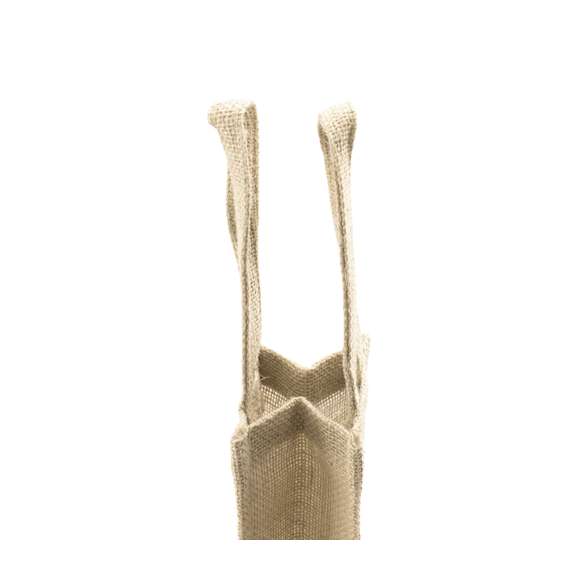 Resistente bolsa de yute laminado para botella de vino de 75cl. Con ventana transparente, ribetes y asas reforzadas.