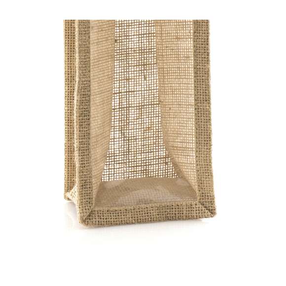 Resistente bolsa de yute laminado para botella de vino de 75cl. Con ventana transparente, ribetes y asas reforzadas.