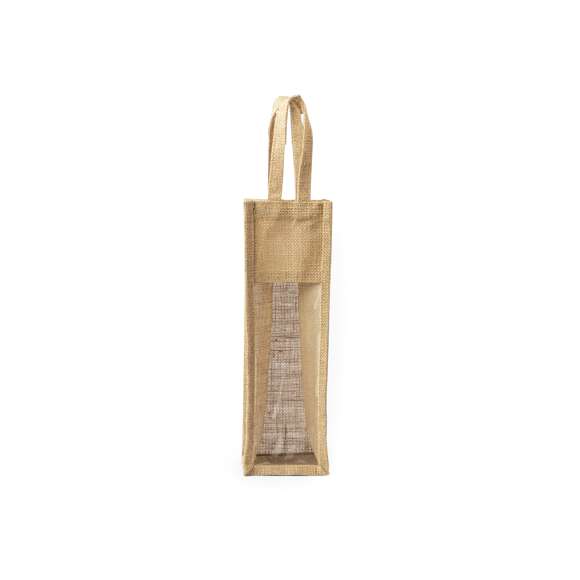 Resistente bolsa de yute laminado para botella de vino de 75cl. Con ventana transparente, ribetes y asas reforzadas.