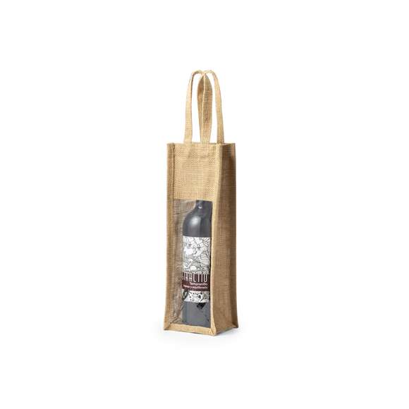 Resistente bolsa de yute laminado para botella de vino de 75cl. Con ventana transparente, ribetes y asas reforzadas.