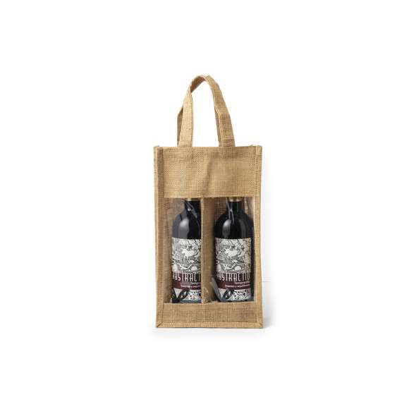 Resistente bolsa de yute laminado con compartimento individual para 2 botellas de vino de 75 cl. Con ventana transparente, ribetes y asas reforzadas.