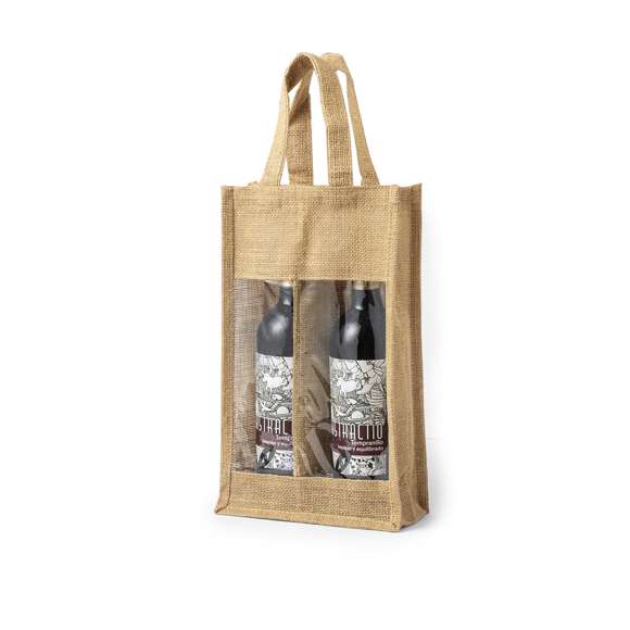 Resistente bolsa de yute laminado con compartimento individual para 2 botellas de vino de 75 cl. Con ventana transparente, ribetes y asas reforzadas.