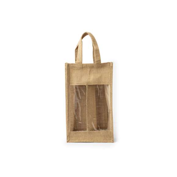 Resistente bolsa de yute laminado con compartimento individual para 2 botellas de vino de 75 cl. Con ventana transparente, ribetes y asas reforzadas.