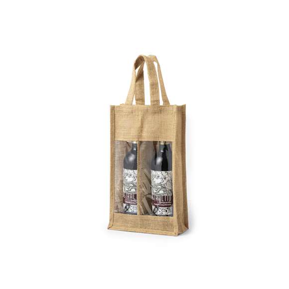Resistente bolsa de yute laminado con compartimento individual para 2 botellas de vino de 75 cl. Con ventana transparente, ribetes y asas reforzadas.