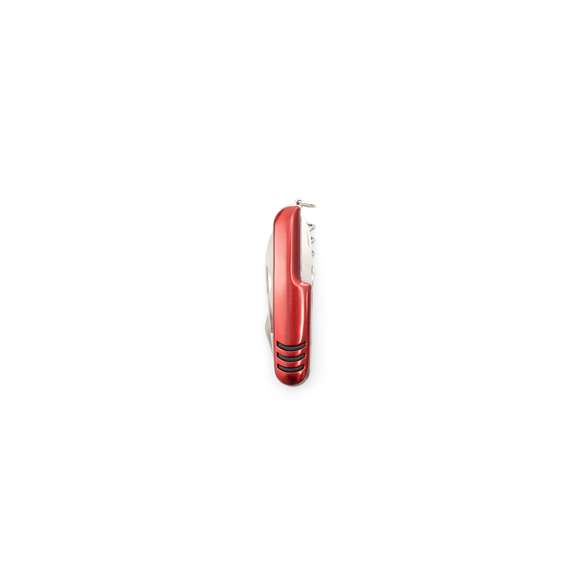 Set de aluminio de navaja multiusos con 7 funciones y linterna mosquetón. En variados colores y presentado en estuche individual con ventana y suave espuma interior troquelada. Pilas de botón incluidas.