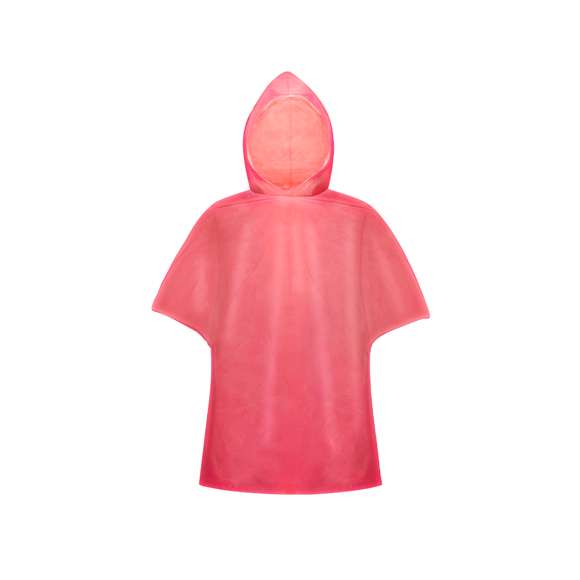 Poncho de HDPE en vivos colores y acabado termosellado. Presentado en bolsa individual transparente. Talla única para adulto en medidas 127x102cm.