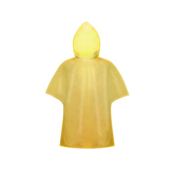 Poncho de HDPE en vivos colores y acabado termosellado. Presentado en bolsa individual transparente. Talla única para adulto en medidas 127x102cm.