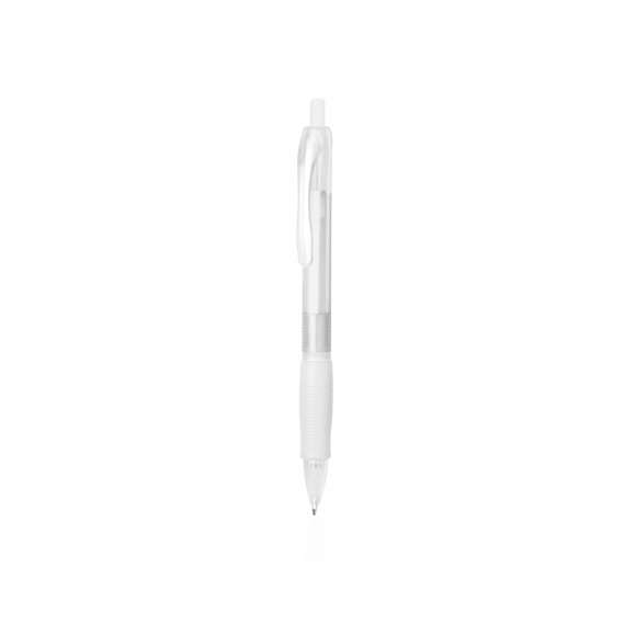 Bolígrafo fabricado en resistente ABS con mecanismo pulsador. Original diseño bicolor de llamativos y variados colores frosted en un suave acabado, con cómoda empuñadura a juego. Tinta azul.