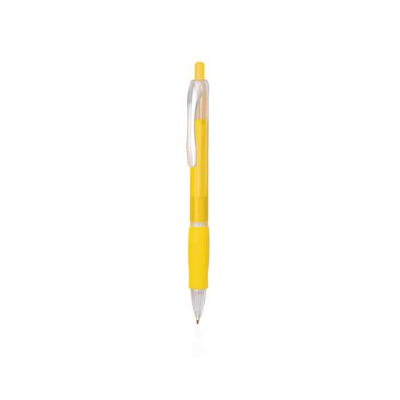 Bolígrafo fabricado en resistente ABS con mecanismo pulsador. Original diseño bicolor de llamativos y variados colores frosted en un suave acabado, con cómoda empuñadura a juego. Tinta azul.
