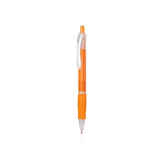 Bolígrafo fabricado en resistente ABS con mecanismo pulsador. Original diseño bicolor de llamativos y variados colores frosted en un suave acabado, con cómoda empuñadura a juego. Tinta azul.