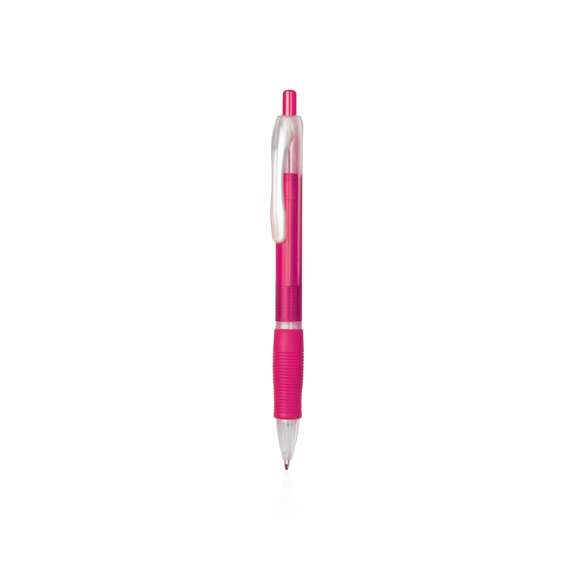 Bolígrafo fabricado en resistente ABS con mecanismo pulsador. Original diseño bicolor de llamativos y variados colores frosted en un suave acabado, con cómoda empuñadura a juego. Tinta azul.