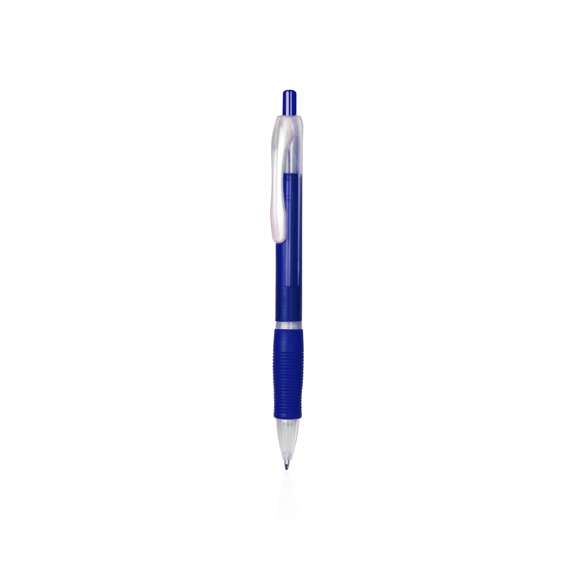 Bolígrafo fabricado en resistente ABS con mecanismo pulsador. Original diseño bicolor de llamativos y variados colores frosted en un suave acabado, con cómoda empuñadura a juego. Tinta azul.