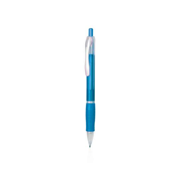 Bolígrafo fabricado en resistente ABS con mecanismo pulsador. Original diseño bicolor de llamativos y variados colores frosted en un suave acabado, con cómoda empuñadura a juego. Tinta azul.