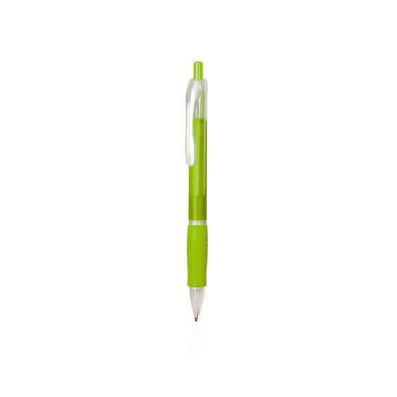 Bolígrafo fabricado en resistente ABS con mecanismo pulsador. Original diseño bicolor de llamativos y variados colores frosted en un suave acabado, con cómoda empuñadura a juego. Tinta azul.