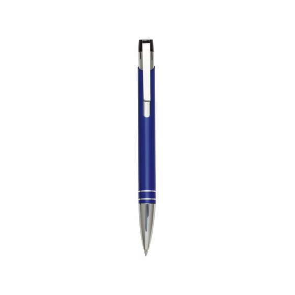 Original bolígrafo de mecanismo pulsador en elegante diseño bicolor. Con cuerpo troquelado en aluminio de suave acabado en variados colores. Original clip curvado, anillas y punta en plateado. De cartucho jumbo y tinta azul.
