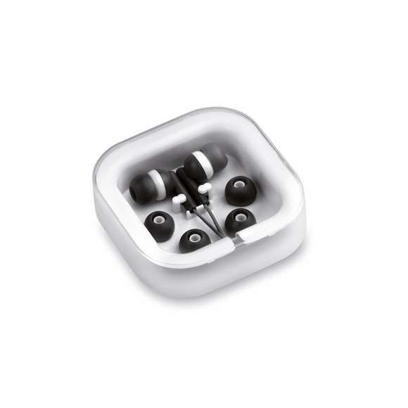 Prácticos y confortables auriculares intraurales de desenfadado diseño bicolor, conexión jack de 3,5mm y cable en color a juego. Disponible en variada gama de colores. Presentados en elegante estuche de diseño y con almohadillas de recambio.