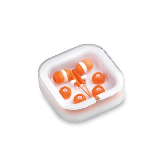 Prácticos y confortables auriculares intraurales de desenfadado diseño bicolor, conexión jack de 3,5mm y cable en color a juego. Disponible en variada gama de colores. Presentados en elegante estuche de diseño y con almohadillas de recambio.