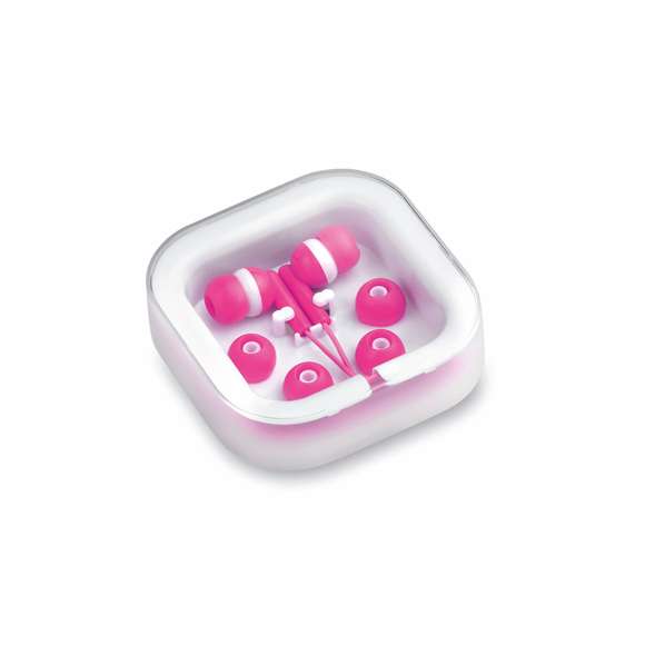 Prácticos y confortables auriculares intraurales de desenfadado diseño bicolor, conexión jack de 3,5mm y cable en color a juego. Disponible en variada gama de colores. Presentados en elegante estuche de diseño y con almohadillas de recambio.