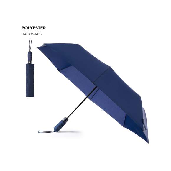 Paraguas plegable de alta calidad de 8 paneles en sobrios colores. De 98cm de diámetro, con apertura automática y en resistente material pongee. Con varillas metálicas en color negro, cierre de velcro y mango ergonómico de EVA con cinta de transporte. Presentado en funda individual a juego con cinta de transporte y cierre con accesorio de ajuste.
