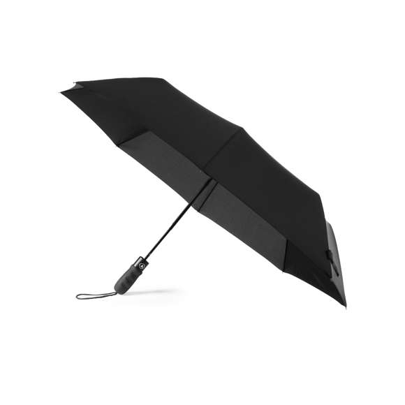 Paraguas plegable de alta calidad de 8 paneles en sobrios colores. De 98cm de diámetro, con apertura automática y en resistente material pongee. Con varillas metálicas en color negro, cierre de velcro y mango ergonómico de EVA con cinta de transporte. Presentado en funda individual a juego con cinta de transporte y cierre con accesorio de ajuste.