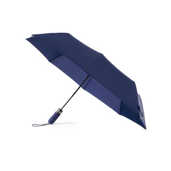 Paraguas plegable de alta calidad de 8 paneles en sobrios colores. De 98cm de diámetro, con apertura automática y en resistente material pongee. Con varillas metálicas en color negro, cierre de velcro y mango ergonómico de EVA con cinta de transporte. Presentado en funda individual a juego con cinta de transporte y cierre con accesorio de ajuste.