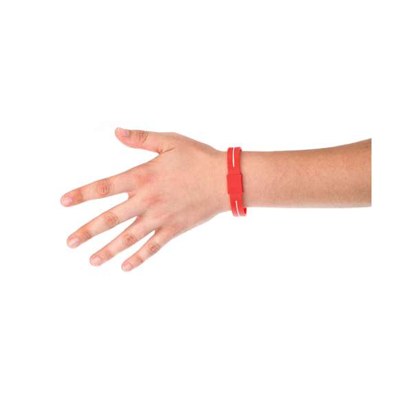 Pulsera de bienestar con tratamiento de iones y cuerpo acabado en suave silicona de vivos colores. Talla única de adulto y con pastilla para marcaje. Presentada en estuche individual con ventana en color negro.