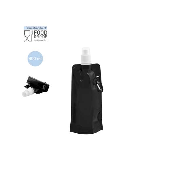 Bidón de 400ml de capacidad con cuerpo flexible en material PET de vivos colores . Con tapón de seguridad a rosca y mosquetón metálico de transporte a juego. Disponible manual de instrucciones en español e inglés.