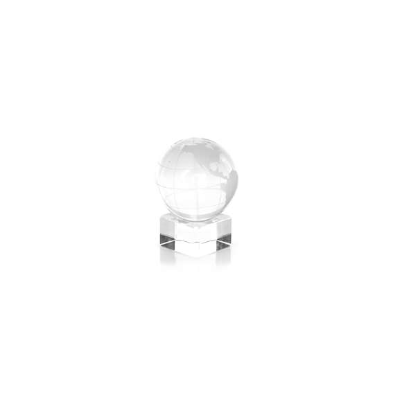 Bola de cristal con forma de planeta Tierra con base para marcaje en láser. Presentada en estuche de protección individual.