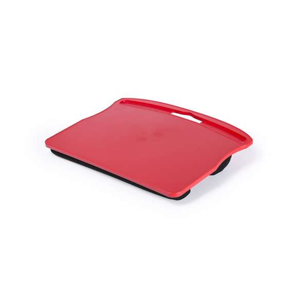 Práctico soporte para ordenador. Fabricado en material antideslizante, con marco de seguridad en los laterales. Zona de apoyo para las piernas con acolchado y asa de transporte incluida.