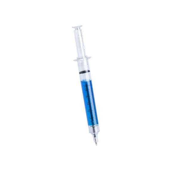 Original bolígrafo con diseño de jeringuilla y cuerpo transparente. Con líquido interior en vivos colores y de tinta azul.