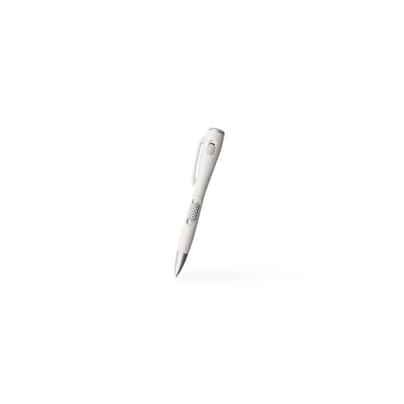 Bolígrafo con linterna led integrada. De mecanismo pulsador lateral y en diseño minimalista de original combinación de colores gris y blanco. En tinta azul y con pilas de botón incluidas.