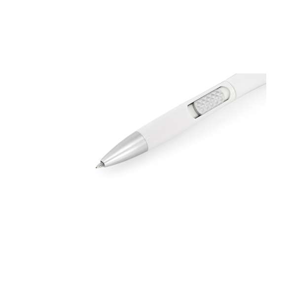 Bolígrafo con linterna led integrada. De mecanismo pulsador lateral y en diseño minimalista de original combinación de colores gris y blanco. En tinta azul y con pilas de botón incluidas.