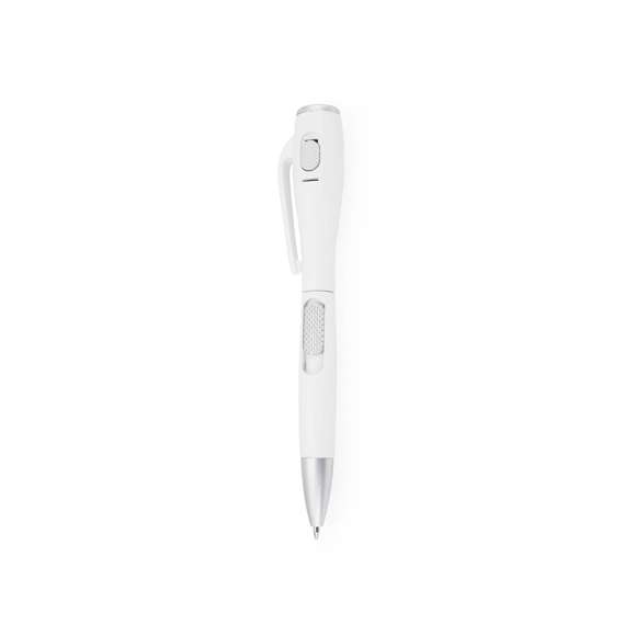 Bolígrafo con linterna led integrada. De mecanismo pulsador lateral y en diseño minimalista de original combinación de colores gris y blanco. En tinta azul y con pilas de botón incluidas.