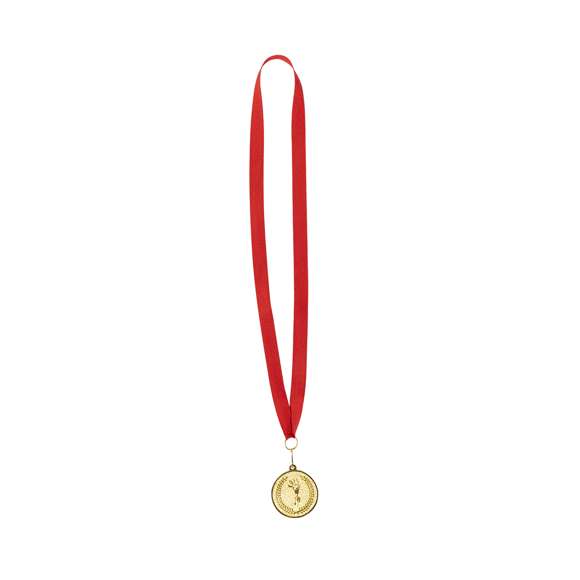 Medalla metálica con cinta de poliéster en acabado rojo y bandera española. Con cierre mosquetón para fácil marcaje y disponible en modelos oro, plata y bronce.