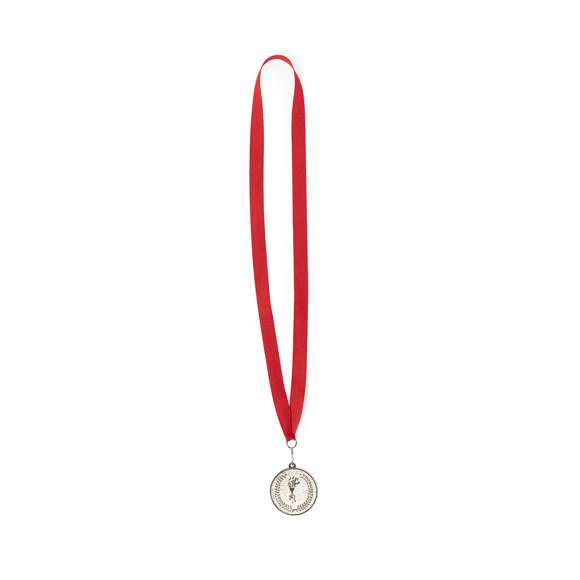 Medalla metálica con cinta de poliéster en acabado rojo y bandera española. Con cierre mosquetón para fácil marcaje y disponible en modelos oro, plata y bronce.