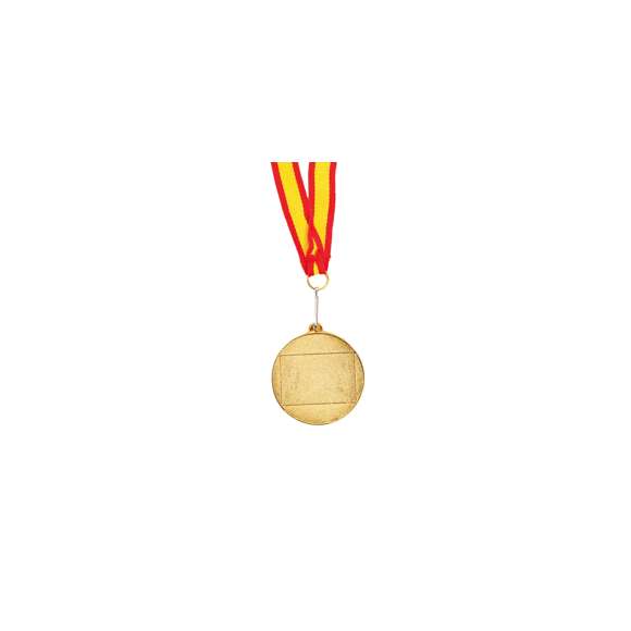 Medalla metálica con cinta de poliéster en acabado rojo y bandera española. Con cierre mosquetón para fácil marcaje y disponible en modelos oro, plata y bronce.