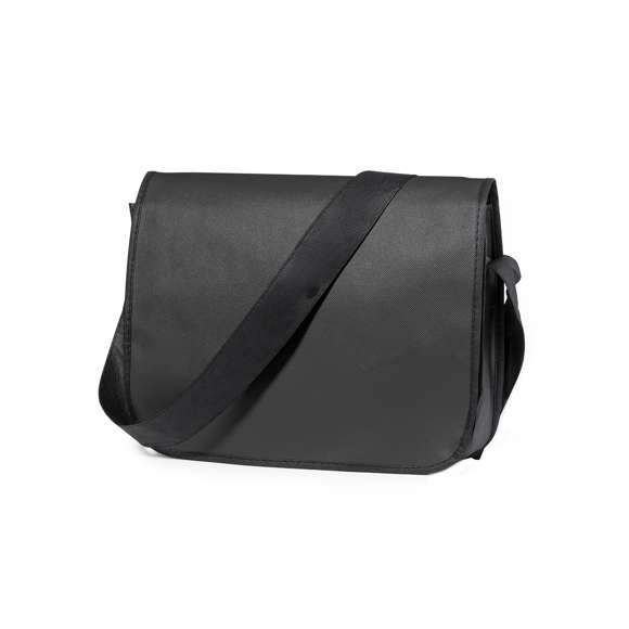 Portadocumentos con solapa de cierre de velcro en resistente non-woven con elegante ribete en color negro. Con compartimentos interiores para bolígrafos.