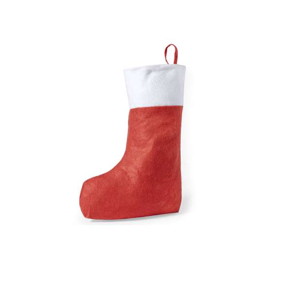 Calcetín navideño de gran capacidad en tradicional combinación de colores navideños y con cinta para colgar.