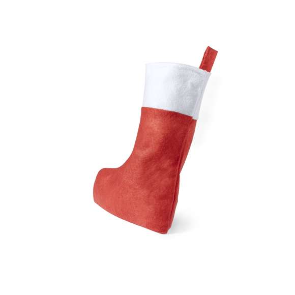 Calcetín navideño de gran capacidad en tradicional combinación de colores navideños y con cinta para colgar.